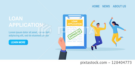 Credit agent holds loan approval application document with approved stamp in hand . People borrow money from bank to buy real estate or auto. Mortgage, debt or obligation to pay back interest rate 128404773