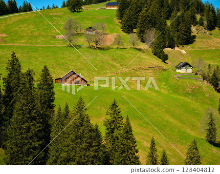 Scenic view of green hills and wooden houses surrounded by pine trees in a mountainous landscape 128404812