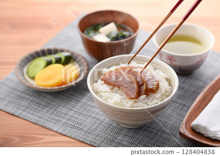 A Japanese breakfast of Nara pickles on rice and miso soup A Japanese breakfast of Nara pickles on rice and miso soup 128404838