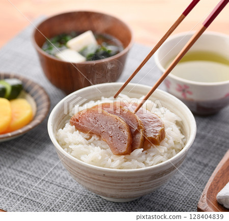 A Japanese breakfast of Nara pickles on rice and miso soup A Japanese breakfast of Nara pickles on rice and miso soup 128404839