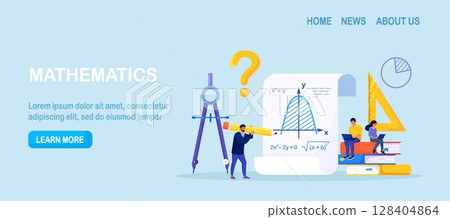 Math school subject. People studying mathematics, algebra, arithmetic. Mathematician use scientific formulas and diagrams for new calculation. Math analysis, conjecture computing. Mathematics course 128404864