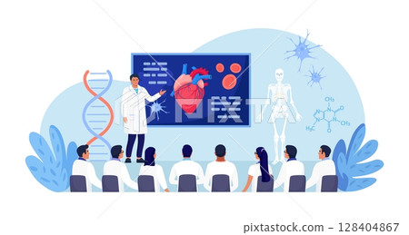 Medical conference, education. Students study research in cardiology science. Doctor giving speech on medicine seminar for audience. Scientist presenting human heart infographics at workshop training Medical conference, education. Students study research in cardiology science. Doctor giving speech on medicine seminar for audience. Scientist presenting human heart infographics at workshop training 128404867