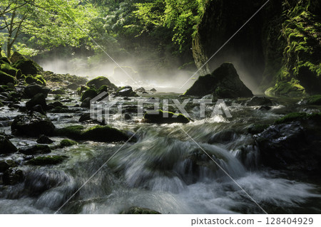 A fantastical view of the moss-covered Maruhara River mountain stream bathed in morning light (Gifu Prefecture) 128404929