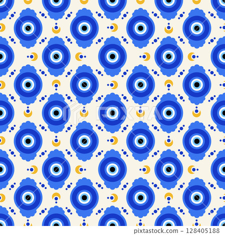 Evil eye seamless background. Greek and Turkish blue bead. Vector magic pattern with ethnic nazar - symbol of protection and luck. Traditional ornament with energy amulet and spiritual Arabic talisman Evil eye seamless background. Greek and Turkish blue bead. Vector magic pattern with ethnic nazar - symbol of protection and luck. Traditional ornament with energy amulet and spiritual Arabic talisman 128405188