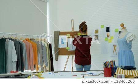 Entrepreneur fashion designer in textile business designing new retail clothing collection. Happy working woman seamstress, designer working on fabric sketches. Young designer fashion concept Entrepreneur fashion designer in textile business designing new retail clothing collection. Happy working woman seamstress, designer working on fabric sketches. Young designer fashion concept 128405266