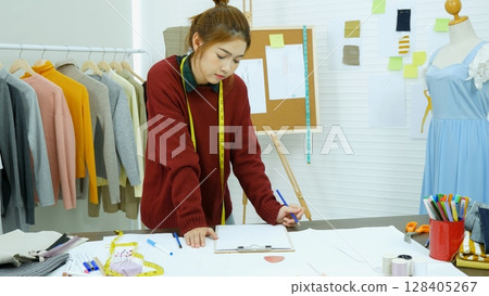 Entrepreneur fashion designer in textile business designing new retail clothing collection. Happy working woman seamstress, designer working on fabric sketches. Young designer fashion concept Entrepreneur fashion designer in textile business designing new retail clothing collection. Happy working woman seamstress, designer working on fabric sketches. Young designer fashion concept 128405267