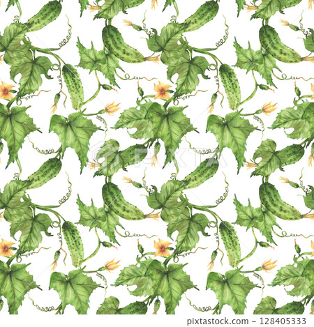 Watercolor Cucumber seamless pattern. Growing plant with crop of vegetables, flowers, buds and curly tendrils Hand painted illustration for farming packaging, fabric print on isolated white background 128405333