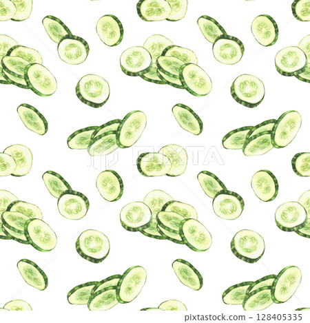 Watercolor Sliced cucumber slices seamless pattern. Fresh vegetable cut cucumber circles. Realistic painted illustration for farming food fabric, packaging for cosmetic on isolated white background 128405335