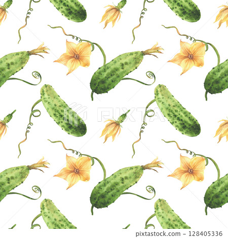 Watercolor cucumber plant with green vegetables, yellow flower, leaves, tendril on vine. Hand drawn watercolor seamless pattern. Illustration for crop packaging, fabric on Isolated white background. Watercolor cucumber plant with green vegetables, yellow flower, leaves, tendril on vine. Hand drawn watercolor seamless pattern. Illustration for crop packaging, fabric on Isolated white background. 128405336