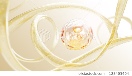 3d gold oil drop texture with bubbles and liquid flow wave lines render. Cosmetic skin care background. Golden fluid surface with vitamin serum, collagen gel or clear essence droplet. 3D illustration 3d gold oil drop texture with bubbles and liquid flow wave lines render. Cosmetic skin care background. Golden fluid surface with vitamin serum, collagen gel or clear essence droplet. 3D illustration 128405404
