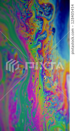 Paint blur mix. Psychedelic dye flow. Multicolor gasoline liquid vibrant wave blend pigment background. Abstract gradient petrol fluid. 128405454