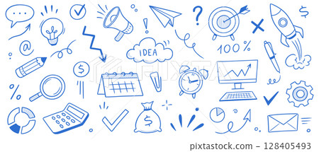 Business sketch icon money and idea set. Hand drawn sketch elements for team, goal, startup and success. Business icon chart, office clock, rocket progress job concept. Vector Business sketch icon money and idea set. Hand drawn sketch elements for team, goal, startup and success. Business icon chart, office clock, rocket progress job concept. Vector 128405493