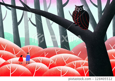 A person walking with an owl perched on a large tree in the forest 128405512