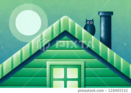 An owl perched on the roof of a green house on a full moon night 128405532