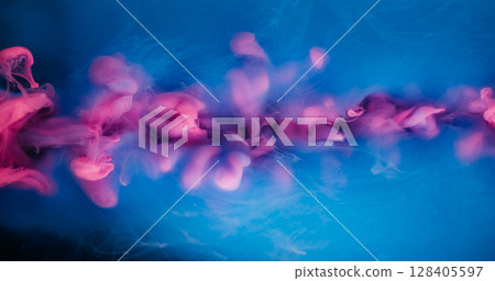 Paint background. Mix color. Defocused blue pink purple water vapor swirling mist in liquid on abstract creative dark black texture. 128405597