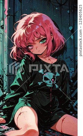 Anime Girl with Pink Hair and Skull Shirt in Dark Scene 128405625