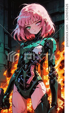 Anime Girl Cyborg in Fiery Dystopia 128405626