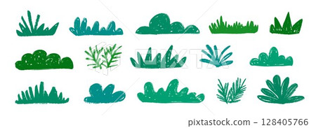 Hand drawn bushes and grass set. Green crayon shrubbery collection. Doodled shrub and tree shapes bundle. Pencil sketched foliage elements. Scribbled cartoon green plants pack. Vector illustration 128405766