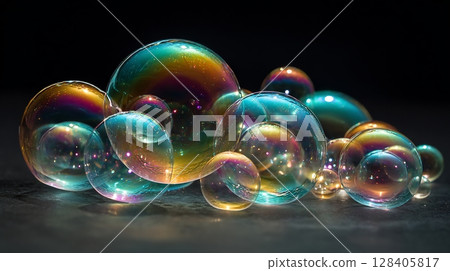 Colorful soap bubbles reflecting light, creating vibrant abstract patterns. 128405817