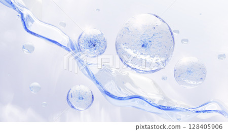 3d liquid water splash wave with blue drops texture. Light aqua background with bubbles and fluid flow. Clear serum, collagen gel or hyaluronic acid. Cosmetic product advertising. 3D illustration 3d liquid water splash wave with blue drops texture. Light aqua background with bubbles and fluid flow. Clear serum, collagen gel or hyaluronic acid. Cosmetic product advertising. 3D illustration 128405906