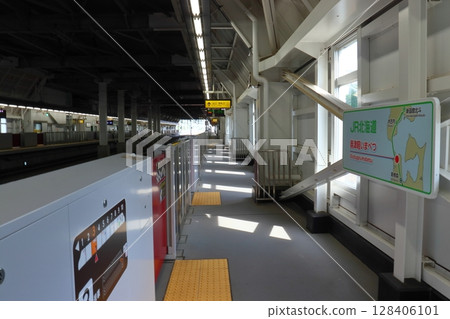 Hokkaido Shinkansen Okutsugaru-Imabetu Station sign-style route map and station interior 128406101