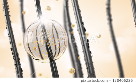 3d hair care render micro background. Repair damaged hair concept. Liquid transparent drop with gold oil bubbles, serum, shampoo or keratin. Cosmetic ball sphere, product advertising. 3D illustration 3d hair care render micro background. Repair damaged hair concept. Liquid transparent drop with gold oil bubbles, serum, shampoo or keratin. Cosmetic ball sphere, product advertising. 3D illustration 128406226