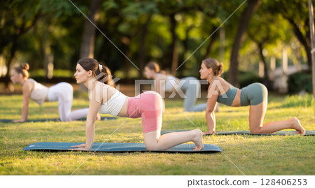 Group of young women doing yoga in cat pose 128406253