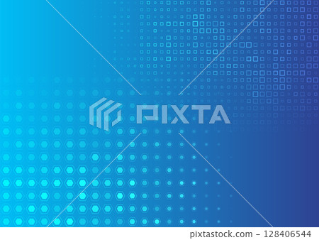 Mosaic hexagons and squares on blue background, geometric abstract design 128406544