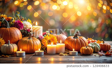 Pumpkins, candles and floral decorations 128406633