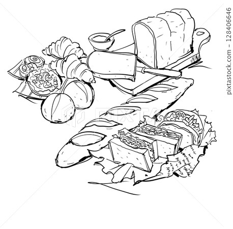 Various bread line drawing illustrations: sandwich, French bread, sliced bread, savory bread 128406646