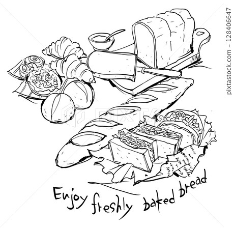 Various bread line drawings and English letters: sandwich, French bread, sliced bread, savory bread 128406647
