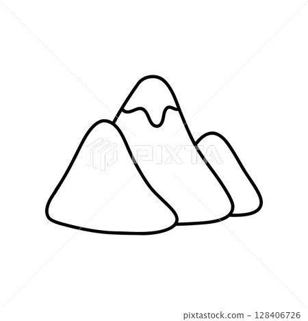 Three mountain peaks in minimalist line art style with snowcap. Simple black and white vector perfect for nature logos, hiking themes, eco branding, and modern travel illustrations 128406726