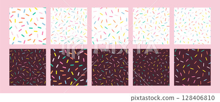 Simple Sprinkle Pattern. Set of Chocolate Donut glaze backgrounds. Small dashes in Rainbow colors. Vector Illustration in scandinavian style Simple Sprinkle Pattern. Set of Chocolate Donut glaze backgrounds. Small dashes in Rainbow colors. Vector Illustration in scandinavian style 128406810
