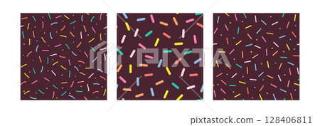 Sprinkle Pattern. Rainbow dotted lines on chocolate background. Set of Small dash seamless backdrops. Vector Illustration in scandinavian style Sprinkle Pattern. Rainbow dotted lines on chocolate background. Set of Small dash seamless backdrops. Vector Illustration in scandinavian style 128406811