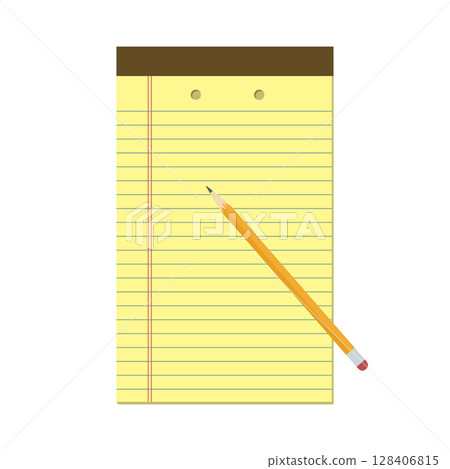 Legal Yellow Paper. Legal pad with pencil. Lined yellow notebook paper for school or office. Vector illustration in flat style Legal Yellow Paper. Legal pad with pencil. Lined yellow notebook paper for school or office. Vector illustration in flat style 128406815