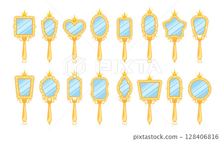 Princess mirror. Set of Cute vintage elements for birthday party decoration. Hand drawn Vector illustration in cartoon style 128406816