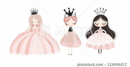 Set of cute princesses in elegant pink dresses with crowns, simple flat art collection for girls, print for children s room, fairy-tale character for design. Vector isolated on white background. 128406817