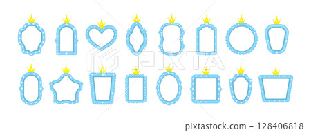 Prince mirrors and frames. Different shapes for invitation, postcards and flyers. Cute vintage element for birthday party decoration. Vector illustration in flat cartoon style Prince mirrors and frames. Different shapes for invitation, postcards and flyers. Cute vintage element for birthday party decoration. Vector illustration in flat cartoon style 128406818
