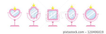 Princess mirror. Set of pink table mirrors for applying women makeup. Furniture for princess or royal room interior. Vintage Vector illustration in flat cartoon style 128406819