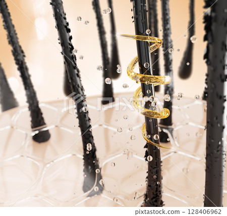 3d hair care cosmetic background. Follicle with gold liquid keratin spiral wave, oil bubbles and hexagon pattern on scalp. Clear serum drops, repair essence or nourish shampoo. 3D illustration 3d hair care cosmetic background. Follicle with gold liquid keratin spiral wave, oil bubbles and hexagon pattern on scalp. Clear serum drops, repair essence or nourish shampoo. 3D illustration 128406962