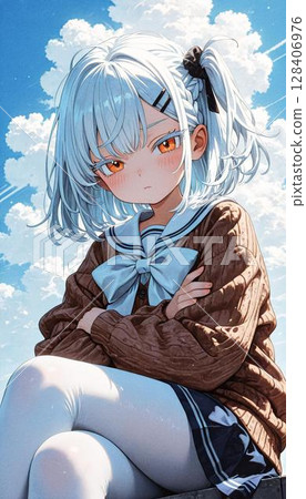 Young Anime Girl in School Uniform Under Blue Sky 128406976