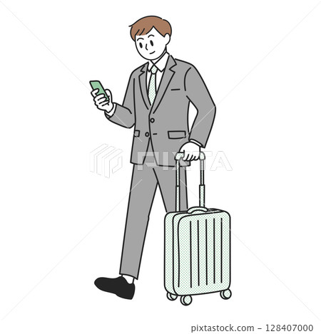 Illustration of a businessman pulling a suitcase and looking at a smartphone 128407000