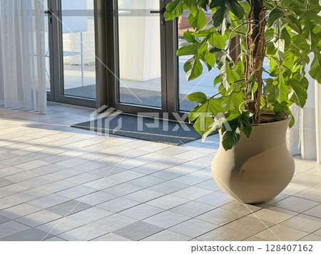 Potted flower on floor near panoramic window in room. Interior design. Modern tiles on floor. Potted flower on floor near panoramic window in room. Interior design. Modern tiles on floor. 128407162