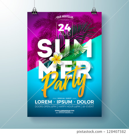 Summer Beach Party Flyer Design with Flower and Tropical Palm Leaves on Abstract Blue Background. Vector Summer Holiday Illustration with Typography Lettering for Banner, Flyer, Invitation or Poster. 128407382