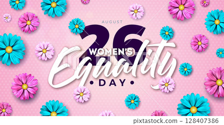 Women's Equality Day Banner Design with Colorful Flower and Typography Lettering on Pink Background. August 26 National Feminine Holiday in United States. USA Celebration Template for Flyer, Greeting Women's Equality Day Banner Design with Colorful Flower and Typography Lettering on Pink Background. August 26 National Feminine Holiday in United States. USA Celebration Template for Flyer, Greeting 128407386