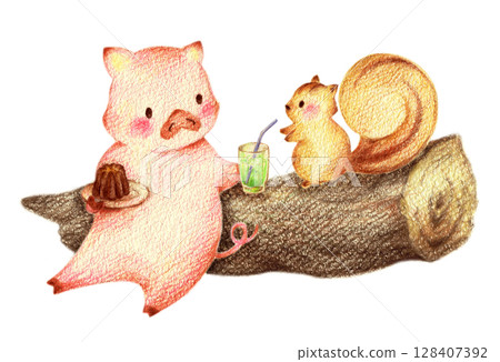 A pig and a squirrel leaning against a log and eating sweets - hand-drawn colored pencil drawing 128407392