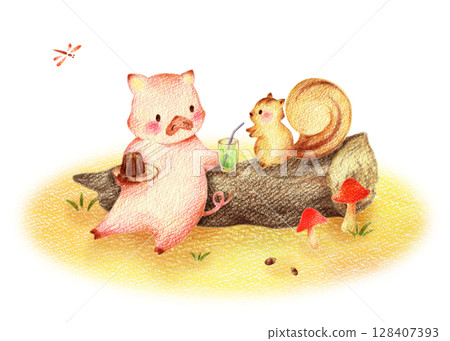 A pig and a squirrel eating sweets in an autumn field. Hand-drawn colored pencil drawing. A pig and a squirrel eating sweets in an autumn field. Hand-drawn colored pencil drawing. 128407393
