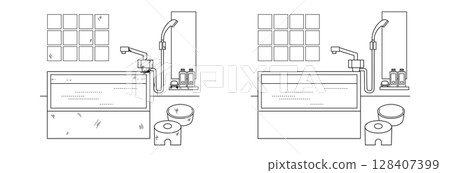 Comparison illustration of a dirty bathroom and a clean bathroom (monochrome) | Before and after, cleaning, cleaning Comparison illustration of a dirty bathroom and a clean bathroom (monochrome) | Before and after, cleaning, cleaning 128407399