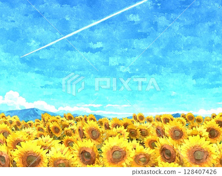 A watercolor painting of a sunflower field blooming in midsummer 128407426