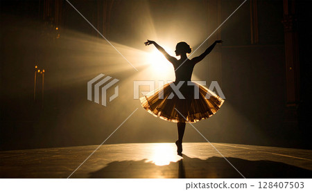 芭蕾舞者在舞檯燈光下翩翩起舞 128407503